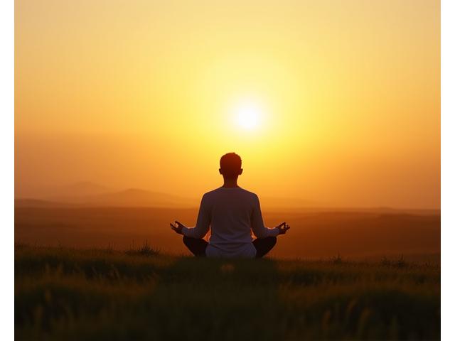 Person meditating in a calming natural prairie setting at sunrise, representing mission of peace.
