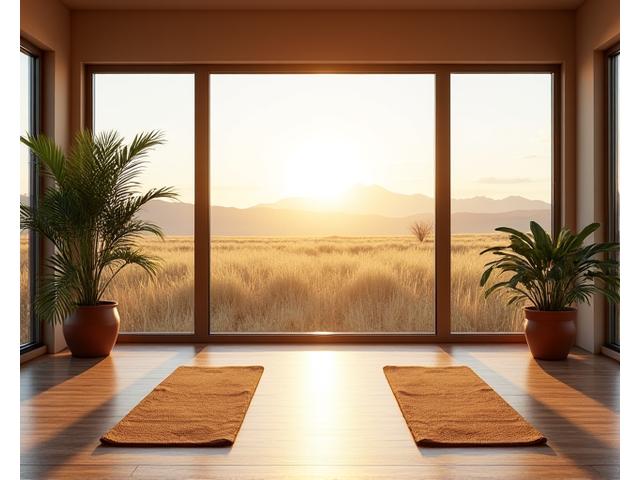 Serene yoga studio interior with natural light and plants, evoking peace on the prairie.