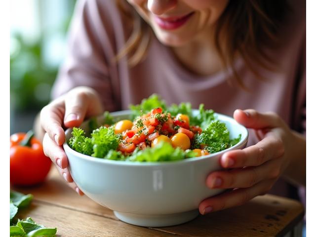 Person mindfully eating a fresh salad, focusing on the texture and taste.